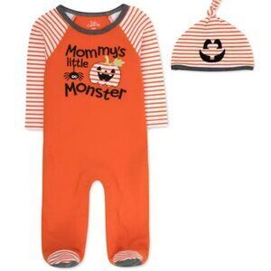 NWT. BABY ESSENTIALS Baby Unisex "Mommy's Little Monster" Footie & Cap, 2-Pc Set